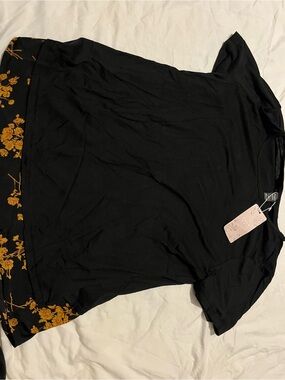 Women's Black Short Sleeve Top with Mustard Floral Hem